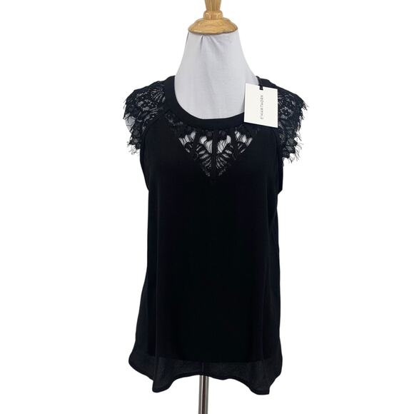 41 Hawthorn Blouse Womens SP Petite Black Jarred Lace Detail Cap Sleeve Back Zip - Picture 1 of 13